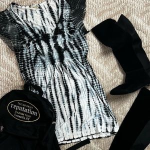 Live and Let Live Distressed Black and White Striped Tye Dye Short Dress